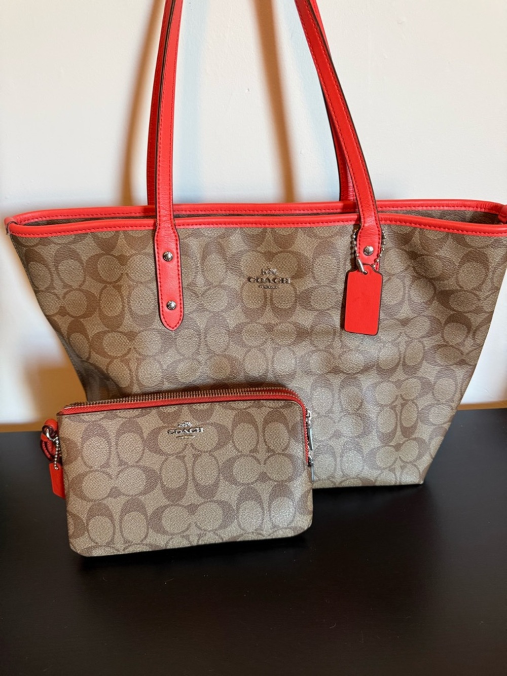 Coach Brown Signature Canvas Tote with Orange Trim and Pouch - Coach
